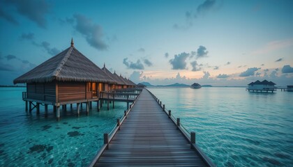 Obraz premium Overwater bungalows in a tropical paradise with crystal-clear turquoise waters, white sandy beach, and a sunny blue sky