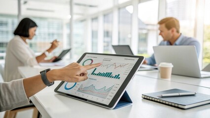 Business Professional Analyzing Data on a Tablet During an Office Meeting