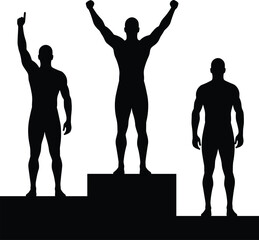 Athletes on podium, celebrating victory, sports competition, winners silhouette, first place, second place, third place, success, achievement, fitness, strength