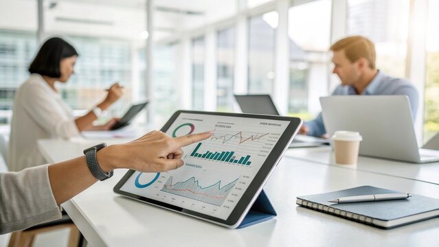 Business Professional Analyzing Data on a Tablet During an Office Meeting - Powered by Adobe
