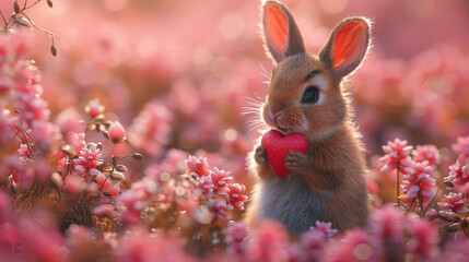 Bunny holding heart in pink flower field at sunset