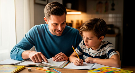 Father helping son with homework at kitchen table, learning and support