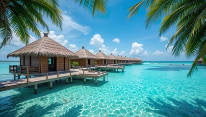 Fototapeta premium Overwater bungalows in a tropical paradise with crystal-clear turquoise waters, white sandy beach, and a sunny blue sky