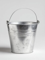 Small, cylindrical galvanized metal bucket with a wire handle; shows slight wear and discoloration from age or use, standing on a light gray background
