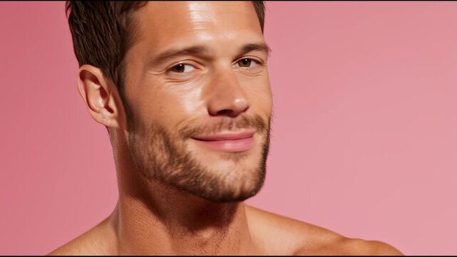 Male model with flawless skin, beaming confidently against vivid pink background, representing beauty, cosmetic, and wellness industry standards