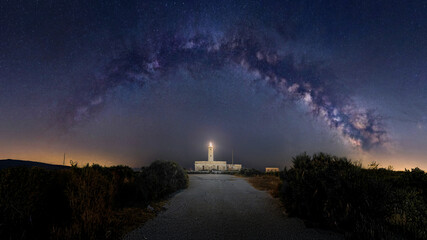 Lighthouse illuminated under the Milky Way arch on a clear night