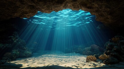 Explore tranquil underwater cave with sunlight filtering through clear ocean