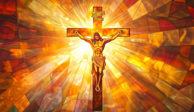 A glowing crucifix illuminated by warm, ethereal sunlight streaming through stained glass windows. The crucifix is depicted with Jesus, bathed in soft golden and orange rays that create a divine and
