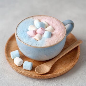 Pastel pink and blue latte art topped with mini marshmallows in a light blue mug on a wooden coaster