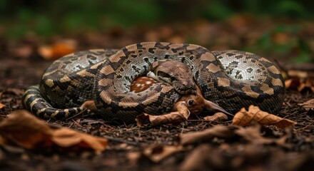 Fototapeta premium Python Constricting Fawn in Forest Floor Amidst Autumn Leaves