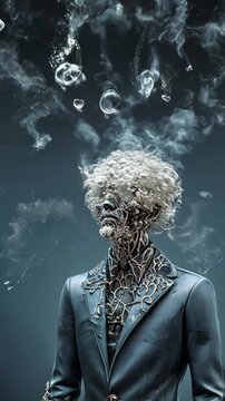Surreal futuristic humanoid figure with intricate metallic patterns and translucent bubbles forming an afro hairstyle