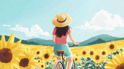 A woman on a bicycle amongst a field of sunflowers.