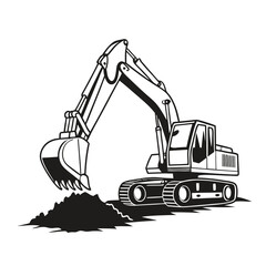A black and white vector icon of a powerful crawler excavator digging soil. Heavy industrial construction machinery silhouette at work.