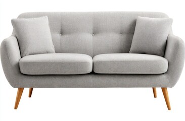Light grey fabric sofa with rounded arms, button tufting, and light wood legs; two matching cushions included