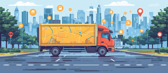 Urban delivery truck with map on side.