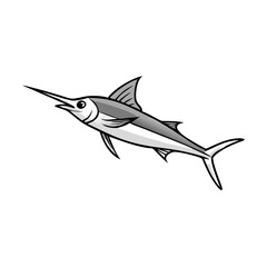 Stylized black and white swordfish illustration against black background
