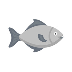 Grey flat illustration of a fish on black background