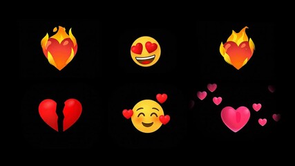 Set of animated heart emoji and emotions. Burning heart, heart-eyed faces, like, broken love, passion, love messages, Valentine’s Day icon. Social media reaction. Overlay motion graphic video
