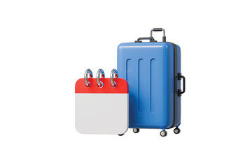 3d travel schedule icon. trip planning concept. Minimal cartoon blue suitcase and calendar reminder for holiday vacation booking isolated on white background. 3d render.