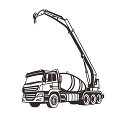 Silhouette of a concrete pump truck with its arm extended, isolated construction machinery vector illustration.