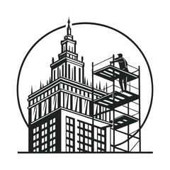 Obraz premium Silhouette of a builder on scaffolding restoring a vintage high-rise building. Vector logo for the construction industry.