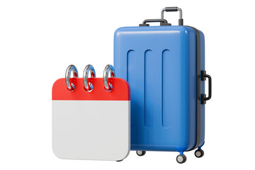 3d travel schedule icon. trip planning concept. Minimal cartoon blue suitcase and calendar reminder for holiday vacation booking isolated on white background. 3d render.