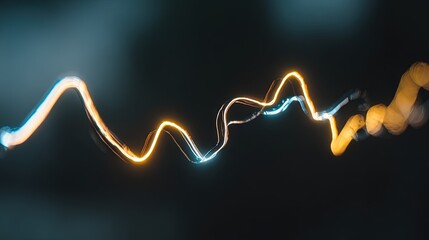 Abstract glowing wavy line in blue and orange tones on dark background, symbolizing energy flow, technology, and dynamic modern digital aesthetics