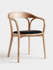 Light oak wood armchair with a gently curved, sculpted back and armrests, featuring a dark gray upholstered seat cushion