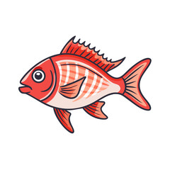 Cartoon red fish with white stripes on black background