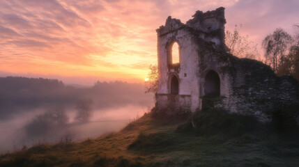 Obraz premium Ruined building at dawn bathed in a misty valley.