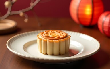 A plate of mooncake on a white colour plate placed on a brown wooden table with paper lantern in the background during the mid-autumn festival. High quality