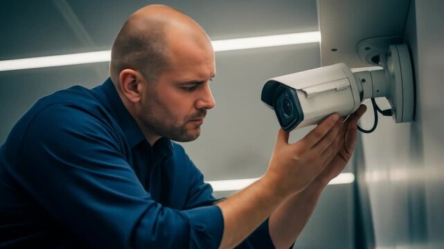 Security Technician Installing Surveillance Camera Indoor