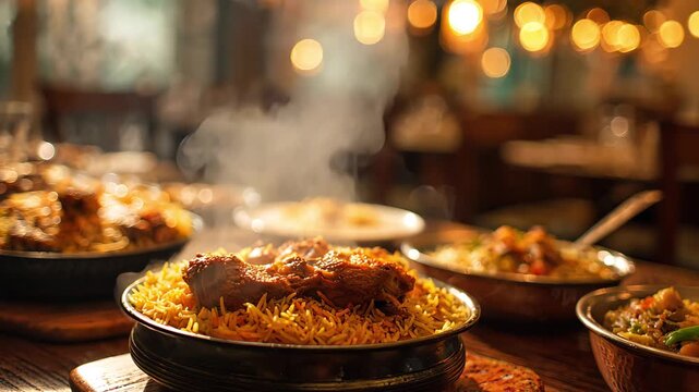 Delicious steaming hot mutton biryani served on a bowl with aromatic steam, Traditional Cuisine in 4K motion video.