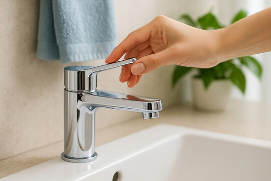 Hand turning chrome faucet in modern bathroom  - Powered by Adobe