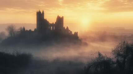 Obraz premium Ruined structure in a misty landscape at sunrise.