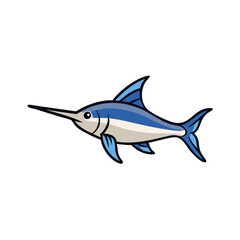 Cartoon swordfish illustration swimming in a black background space