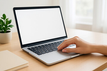 Hand using laptop with blank screen