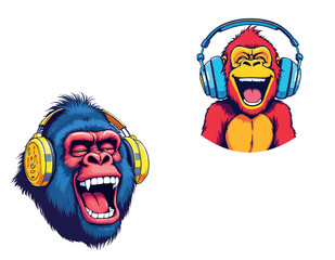 Vsai two colorful gorillas enjoying music with headphones