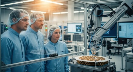 Engineers monitoring a robotic bonding process for honeycomb core aerospace components in a modern factory environment.