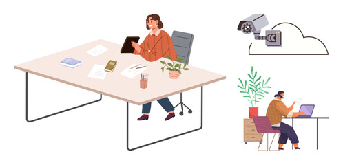Professional at a desk with tablet, papers, books, and plants. Online colleague working on a laptop. Cloud security camera concept. Ideal for teamwork, remote work, office setup security