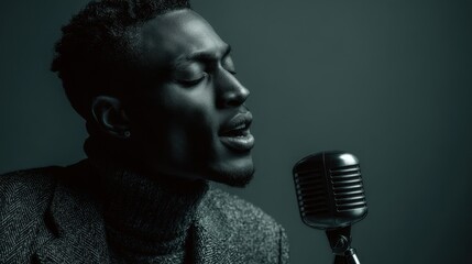 Monochromatic portrait of a soulful singer pouring his heart out into a vintage-style microphone.