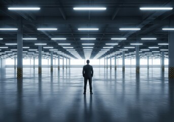 Man standing alone in empty industrial warehouse with perspective view of hall