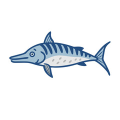 Cartoon barracuda illustration in blue tones against black background