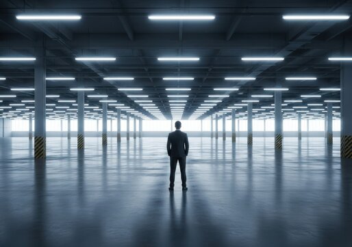 Man standing alone in empty industrial warehouse with perspective view of hall