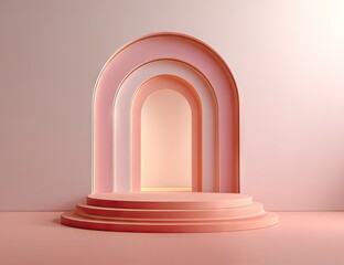 Pastel pink arched display with tiered platform, minimalist and modern design, against a light pink wall
