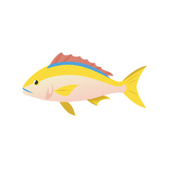 Stylized fish illustration with yellow, pink, and blue hues