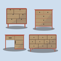 Illustration vector set of wooden cupboard table interior furniture elements