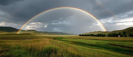Naklejka premium Landscape with Full Rainbow and Rolling Hills