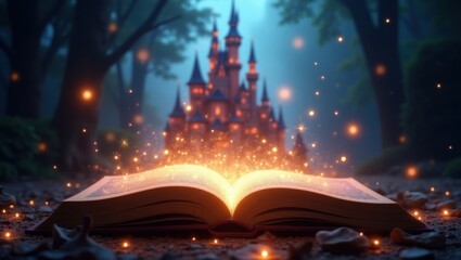 Enchanting Tale Unfolding From an Open Book in a Magical Forest