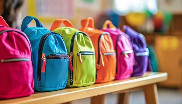 Row of colorful children's backpacks lined up on wooden bench in kindergarten classroom, bright rainbow colors including red orange yellow green blue pink purple, small kid-sized school bags with zi